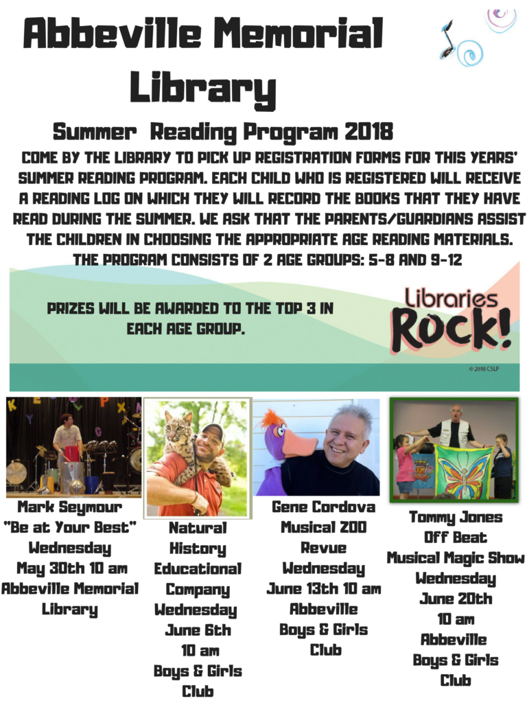 Summer Reading Program Entertainers Abbeville Memorial Library